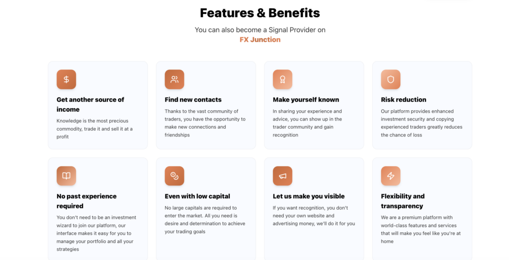 Benefits - Select-Broker.net Features & Benefits grid showing four cards: Get another source of income, Find new contacts, Make yourself known, Risk reduction with orange icons