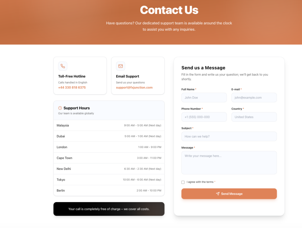 Contact - Select-Broker.net Hero banner with 'Contact Us' in an orange gradient and three info cards: Toll-Free Hotline, Email Support, and a right-side 'Send us a Message' form panel.