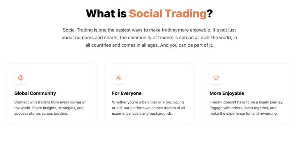Social trading - Select-Broker.net What is Social Trading? heading with three feature cards: Global Community, For Everyone, More Enjoyable (icon above each card).