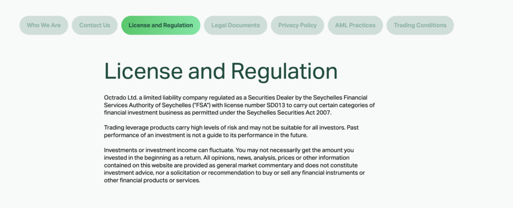 Licence - Select-Broker.net Pill-style navigation bar with a highlighted 'License and Regulation' tab, followed by the page title 'License and Regulation' and introductory legal text.