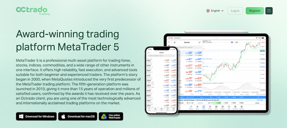 MetaTrader5 - Select-Broker.net Award-winning MetaTrader 5 trading platform shown on tablet and phones with charts and a mint gradient background