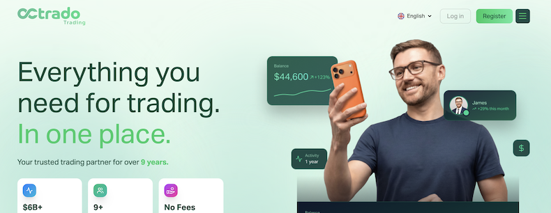 Octrado - hlavní stránka - Select-Broker.net Marketing hero: gradient green background with a smiling man holding a phone and floating trading dashboards, promoting 'Everything you need for trading. In one place.'